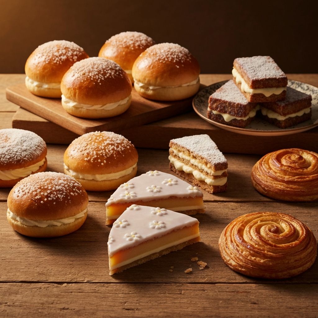 Sweet pastries and baked goods including cream buns and danish pastries